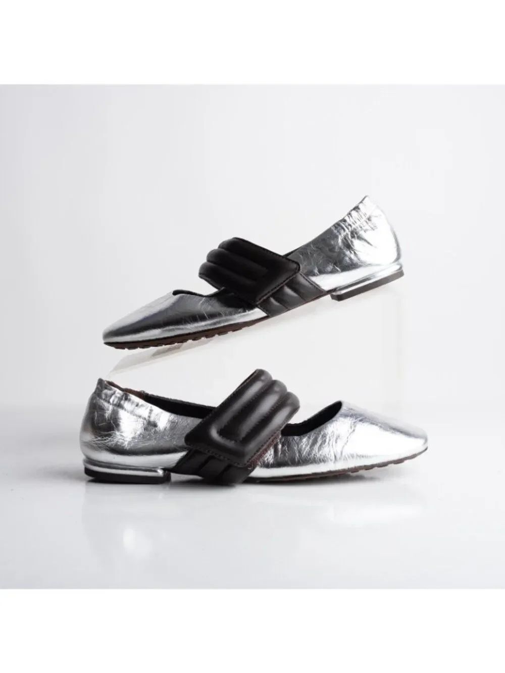 Tory Burch Womens Mary Janes Ballet Flats Puffed Up Silver Coco Leather US 6 New